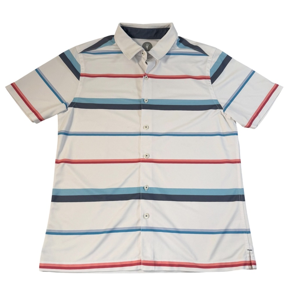 Toes on the Nose Men Large White Striped Performance Button Down Shirt Golf Surf